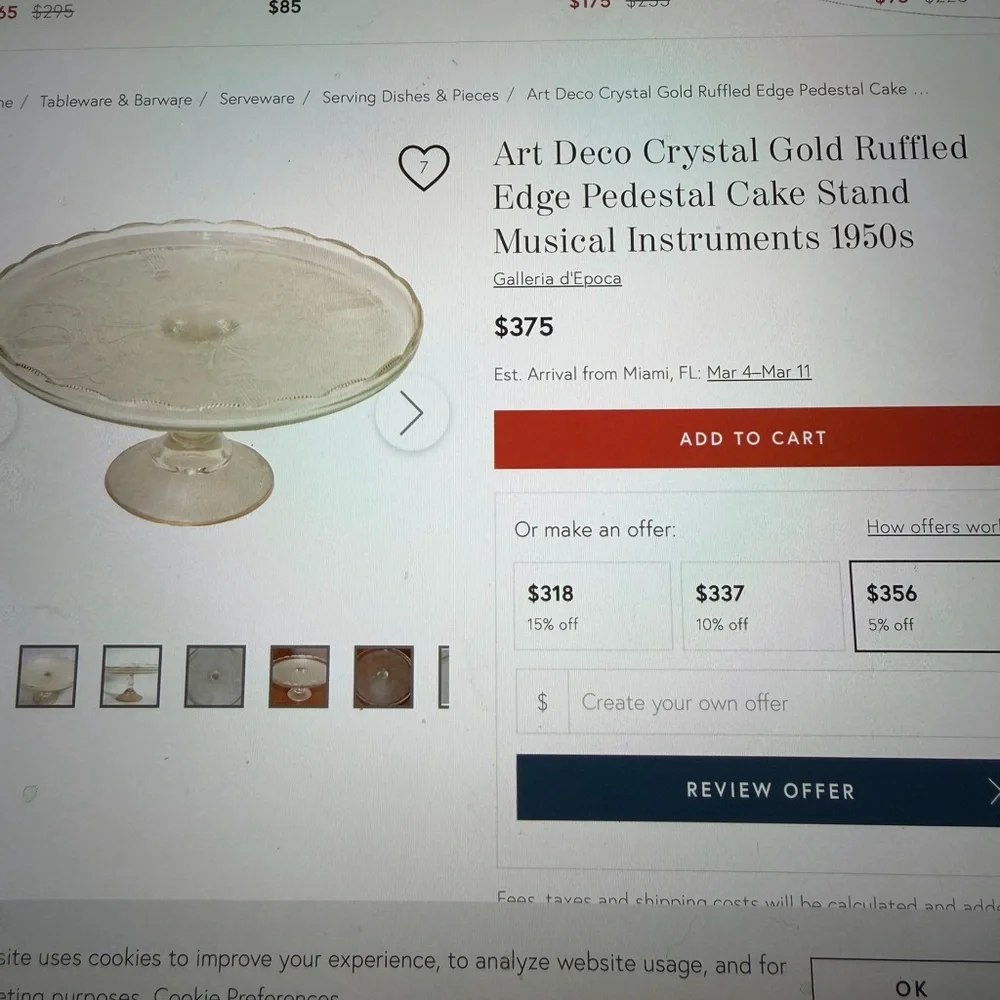 Antique  Glass Cake Stand Art Deco Ruffled Edge Musicsl Instruments 1950’s